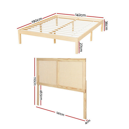 Artiss Bed Frame Double Size with Rattan Headboard Wooden Bed Base BRUNO