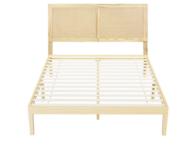 Artiss Bed Frame Queen Size with Rattan Headboard Wooden Bed Base BRUNO