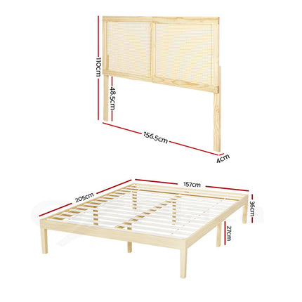 Artiss Bed Frame Queen Size with Rattan Headboard Wooden Bed Base BRUNO