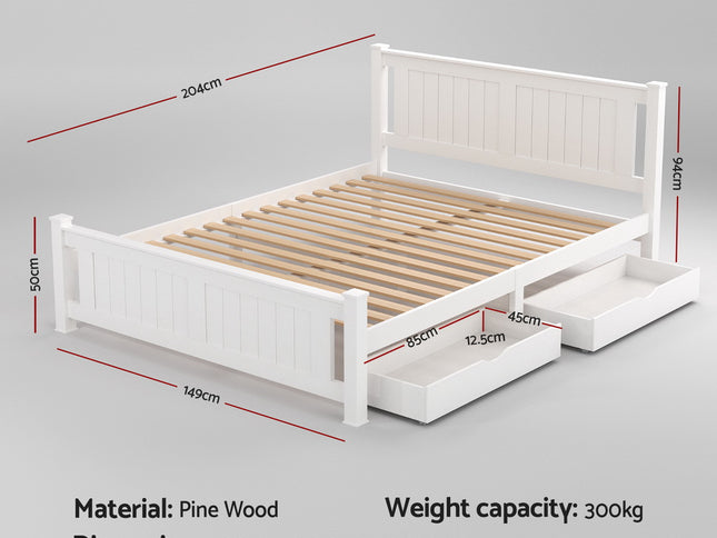 Artiss Bed Frame Double Size Wooden Platform with 2 Storage Drawers White RIO