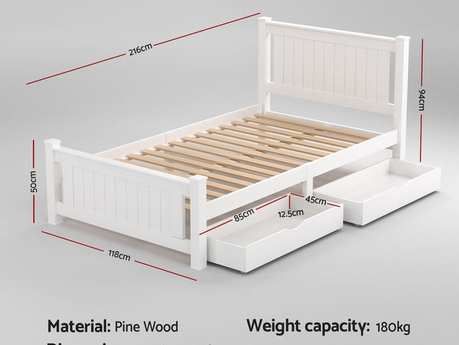 Artiss Bed Frame King Single Size Wooden Platform with 2 Storage Drawers White RIO