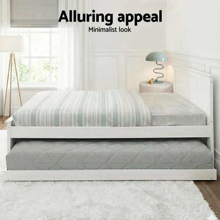Artiss Bed Frame King Single Size Wooden Trundle Daybed White ELVIS