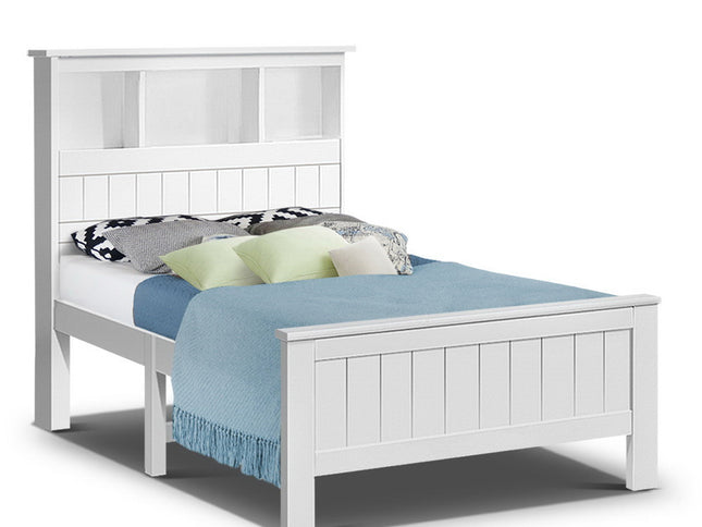 Artiss Bed Frame King Single Size Wooden with 3 Shelves Bed Head White