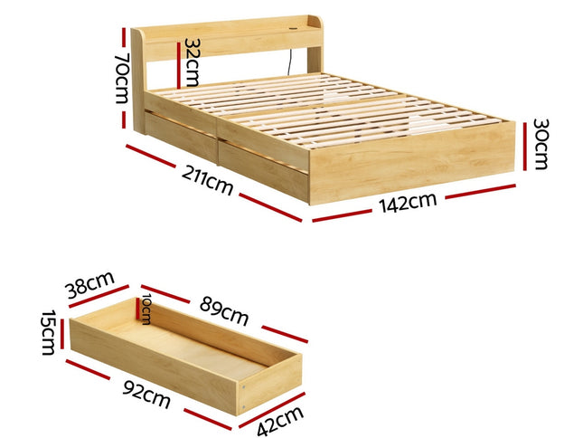 Artiss Bed Frame Double Size with Charging Ports and 2 Drawers AURA