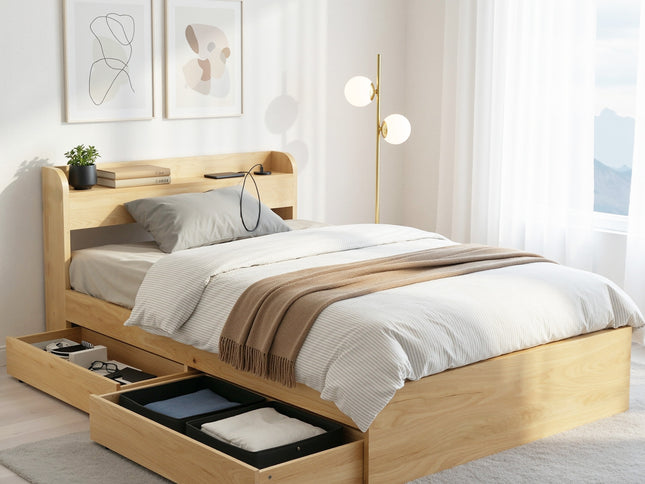 Artiss King Single Bed Frame with 2 Drawers Platform Bed with Headboard Bed Base with USB Ports Natural