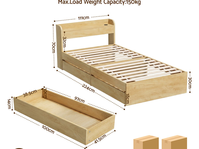 Artiss King Single Bed Frame with 2 Drawers Platform Bed with Headboard Bed Base with USB Ports Natural