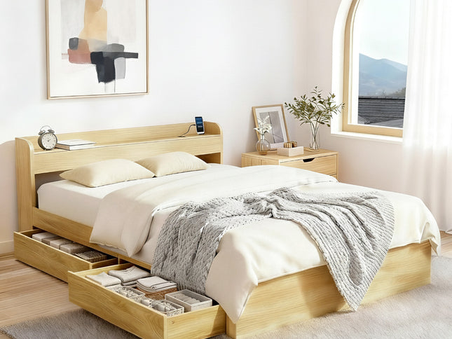 Artiss Bed Frame Queen Size with Charging Ports and 2 Drawers AURA