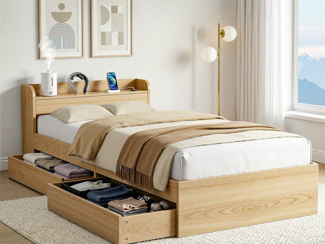 Artiss Single Bed Frame with 2 Storage Drawers Platform Bed Base with USB Ports Sturdy Wooden Slat Support Natural