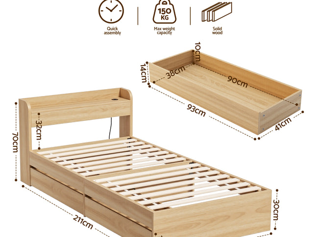 Artiss Single Bed Frame with 2 Storage Drawers Platform Bed Base with USB Ports Sturdy Wooden Slat Support Natural