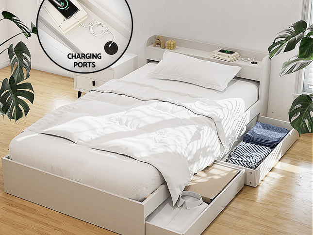 Artiss Bed Frame Single Size with Charging Ports and 2 Drawers AURA
