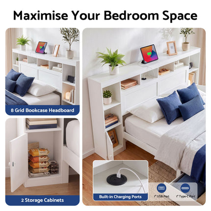 Artiss Queen Bed Frame with Storage Bookcase Headboard, USB & Type-C Ports & Drawers White