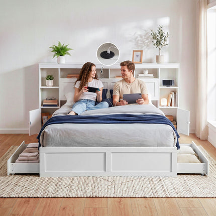 Artiss Queen Bed Frame with Storage Bookcase Headboard, USB & Type-C Ports & Drawers White