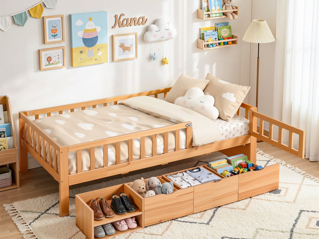 Artiss Kids Single Bed Frame with 3 Storage Drawer Montessori Bed for Toddler Natural