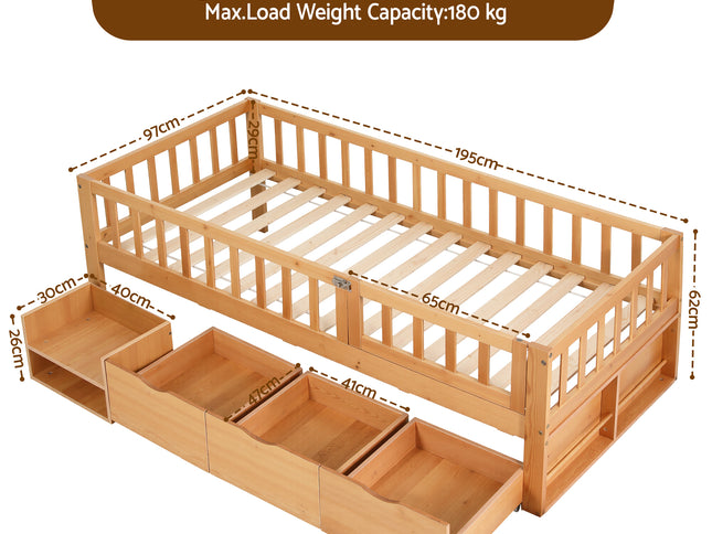Artiss Kids Single Bed Frame with 3 Storage Drawer Montessori Bed for Toddler Natural