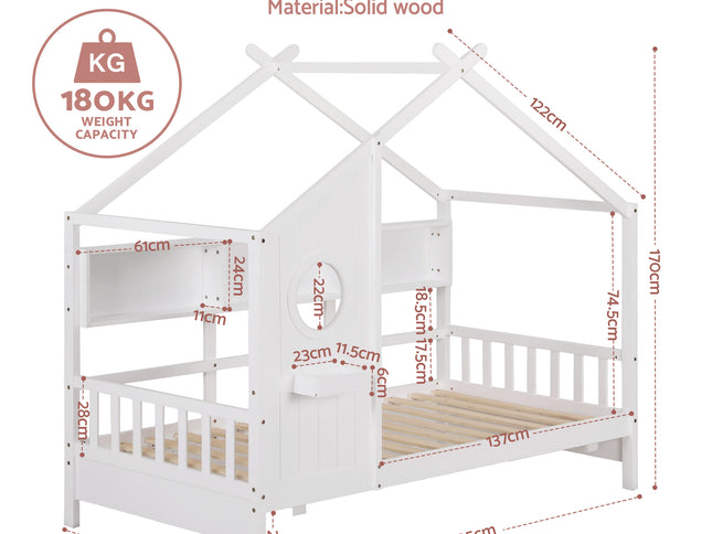 Artiss Kids Single Bed Frame House Bed Solid Wood Montessori Bed for Toddler White