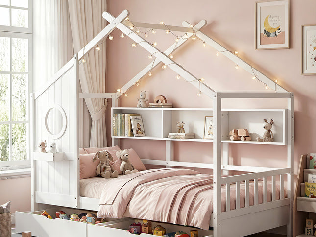 Artiss Kids Single Bed Frame with 3 Storage Bookcase & 2 Drawers House Bed Solid Wood Montessori Bed Easy Assembly White