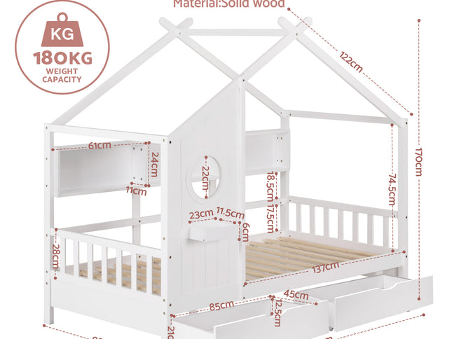 Artiss Kids Single Bed Frame with 3 Storage Bookcase & 2 Drawers House Bed Solid Wood Montessori Bed Easy Assembly White
