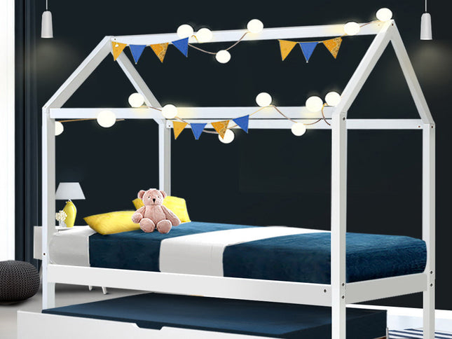 Artiss Bed Frame Wooden Trundle Daybed Kids House Frame White HOLY
