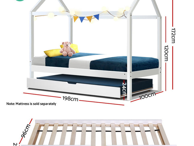 Artiss Bed Frame Wooden Trundle Daybed Kids House Frame White HOLY