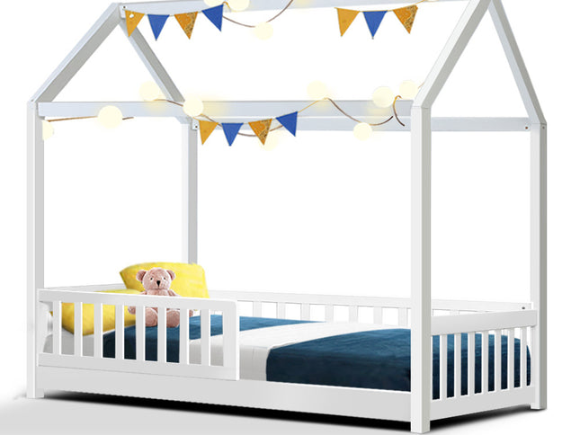 Artiss Bed Frame Wooden Kids House Frame White ROCK