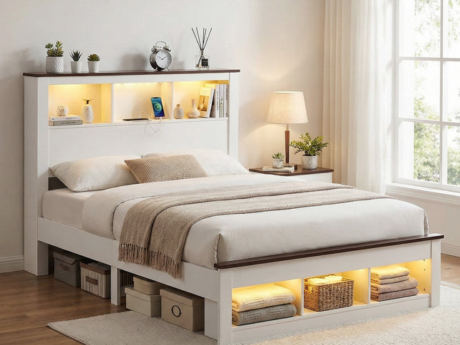 Artiss Queen Bed Frame with Storage Bookcase Headboard and Footboard White Wooden Platform Bed with Charging Station and Led Light Bedroom Furniture