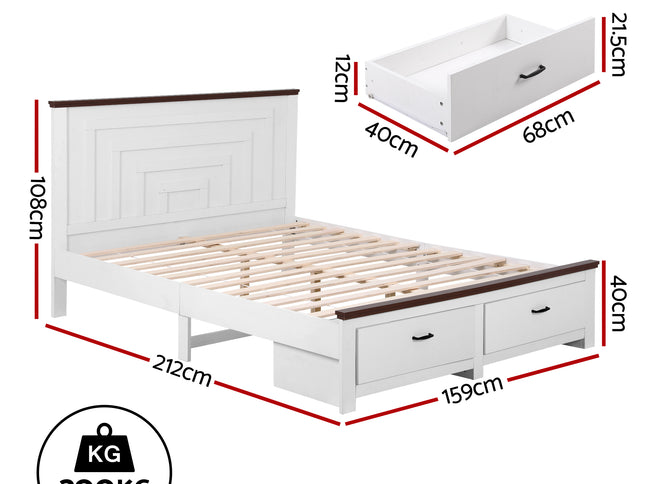 Artiss Queen Wooden Bed Frame with 2 Drawer Platform Bed with 108cm Solid High Headboard White Bed Base for Bedroom Easy Assembly