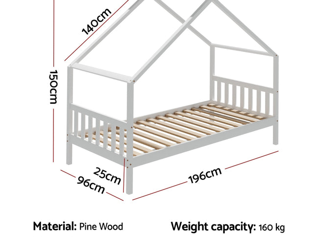 Artiss Bed Frame Wooden Base Kids Single Timber House Beds White