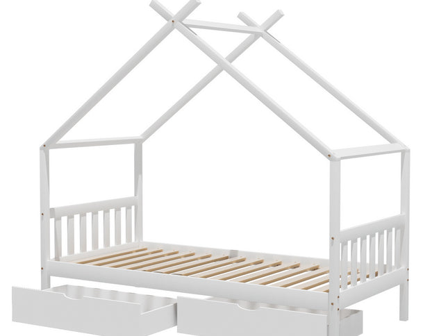 Artiss Bed Frame Wooden Base Kids Single Timber House  with 2 Storage Drawers Beds White
