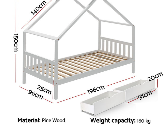 Artiss Bed Frame Wooden Base Kids Single Timber House  with 2 Storage Drawers Beds White