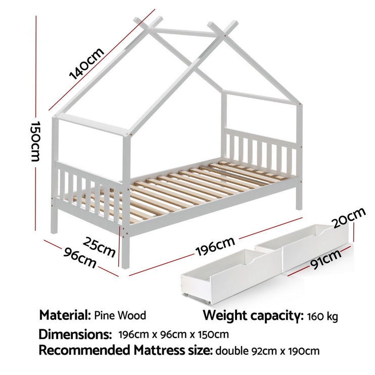 Artiss Bed Frame Wooden Base Kids Single Timber House  with 2 Storage Drawers Beds White