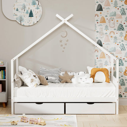 Artiss Bed Frame Wooden Base Kids Single Timber House  with 2 Storage Drawers Beds White