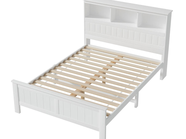 Artiss Bed Frame Double Size Wooden with 3 Shelves Bed Head White