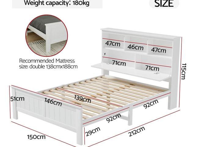 Artiss Bed Frame Double Size Wooden with 3 Shelves Bed Head White
