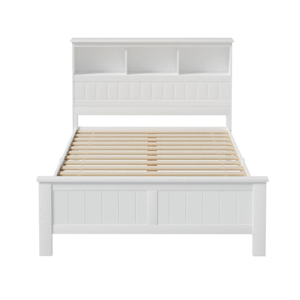 Artiss Bed Frame Double Size Wooden with 3 Shelves Bed Head White