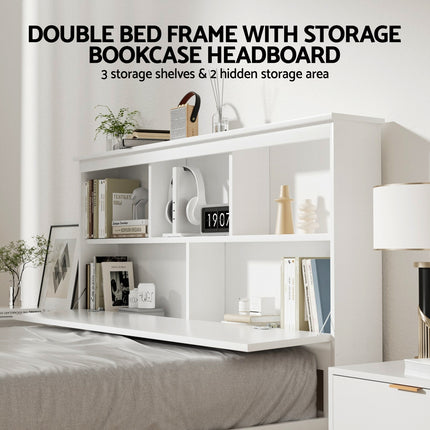 Artiss Bed Frame Double Size Wooden with 3 Shelves Bed Head White