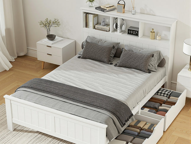 Artiss Bed Frame Double Size Wooden with 3 Shelves Bed Head White