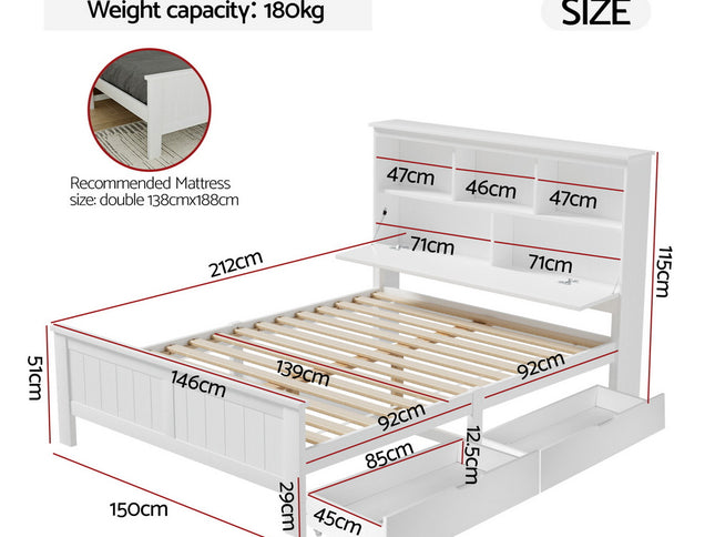 Artiss Bed Frame Double Size Wooden with 3 Shelves Bed Head White