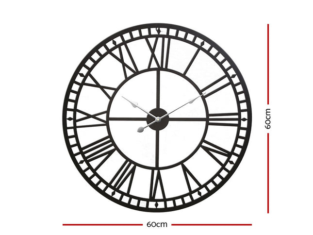 Artiss 60cm Wall Clock Large Roman Numerals Metal Black