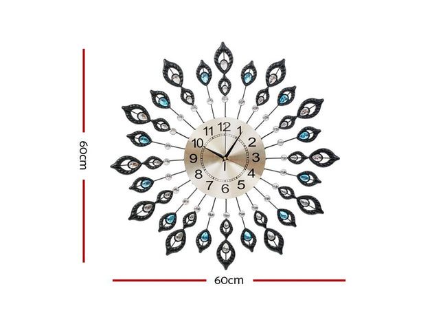 Artiss 60cm Wall Clock Large 3D Peacock Crystal Silver
