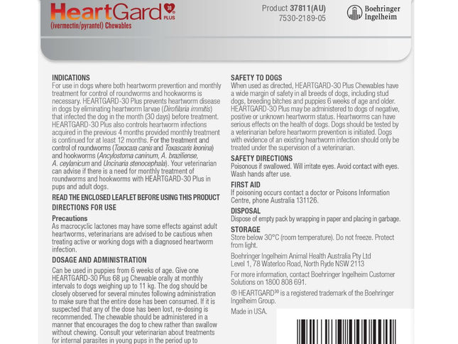 Heartgard 30 Plus Dog 0-11kg Blue 6pk-2018816649892859905