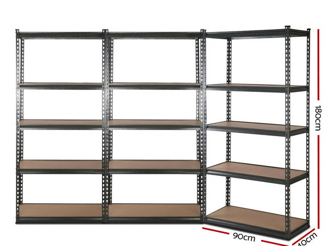 3x1.8M 5-Shelves Steel Warehouse Shelving Racking Garage Storage Rack Grey