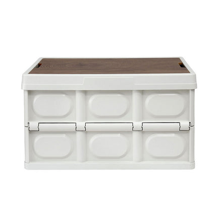 Gardeon Collapsible Outdoor Storage Box 50L Stackable Folding Camping Organizer Plywood Lid Beige