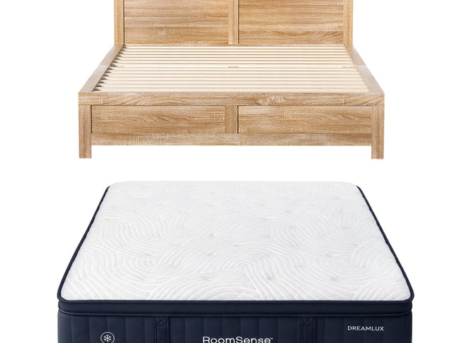 RoomSense Queen 34cm Medium Soft Gel Mattress Bundle, Oatmeal Bed Frame