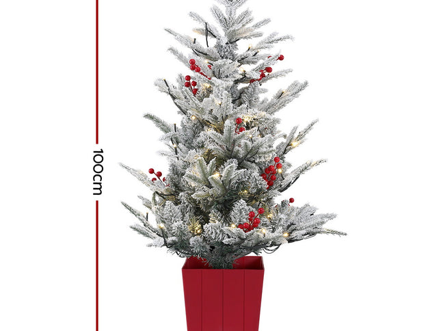 Jingle Jollys Christmas Tree 1M LED Potted Xmas Party Decor Red Barries Flocked