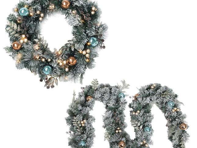 Jingle Jollys 2.7m Christmas Garland with Wreath Set LED Lights Snowy Xmas Decor