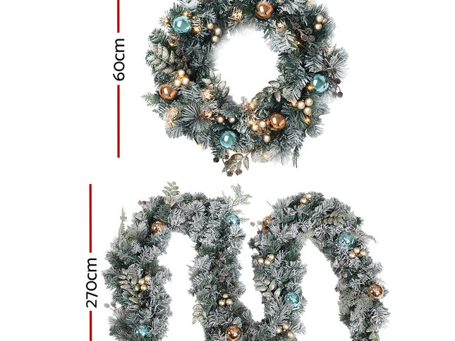 Jingle Jollys 2.7m Christmas Garland with Wreath Set LED Lights Snowy Xmas Decor