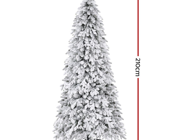 Jingle Jollys Christmas Tree 2.1m Flocking Pencil Tree LED Xmas 860 Tips White