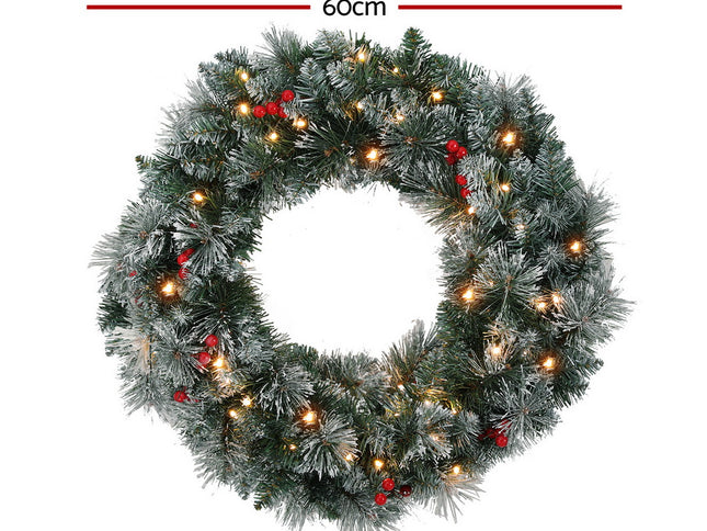 Jingle Jollys 60cm Christmas Wreath LED Lights Snowy Berries Garland Party Decor