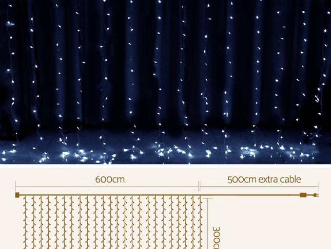 3X6M Christmas Lights Curtain Light Cool White 600 LED Jingle Jollys