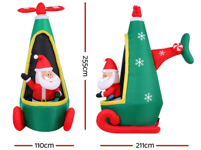 Jingle Jollys Christmas Inflatable Santa in Helicopter 2.55M Height LED Illuminated Decorations